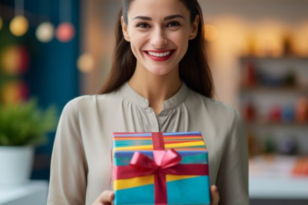 lady holding multicolored gift